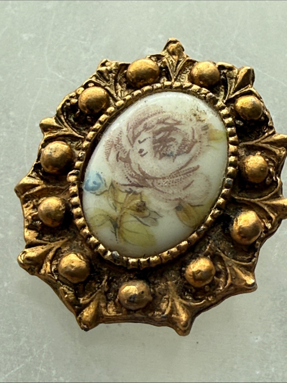 Vintage Floral Porcelain Oval Brooch style barrette in Gold Tone